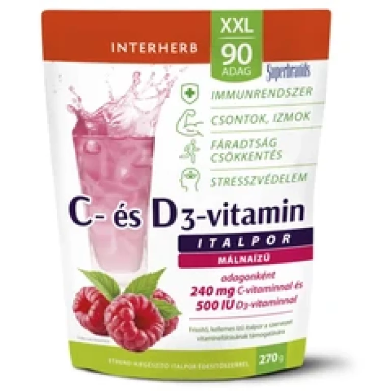 Interherb XXL 90 adag C+D3-vitamin Málna ízű italpor 270 g